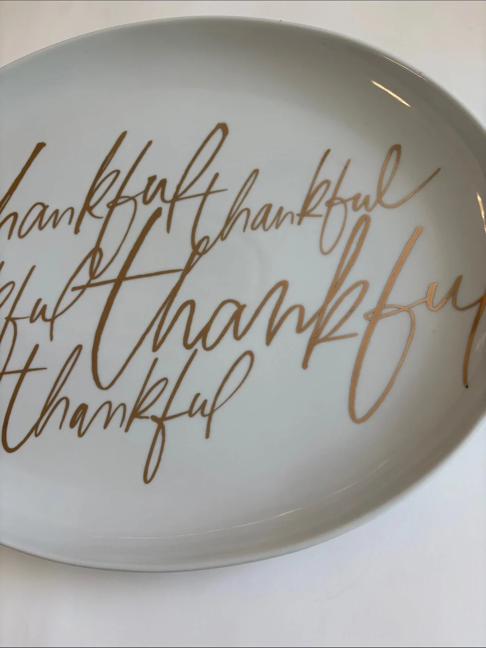 Crate and Barrel Oval Thankful Platter White and Gold 17.75”